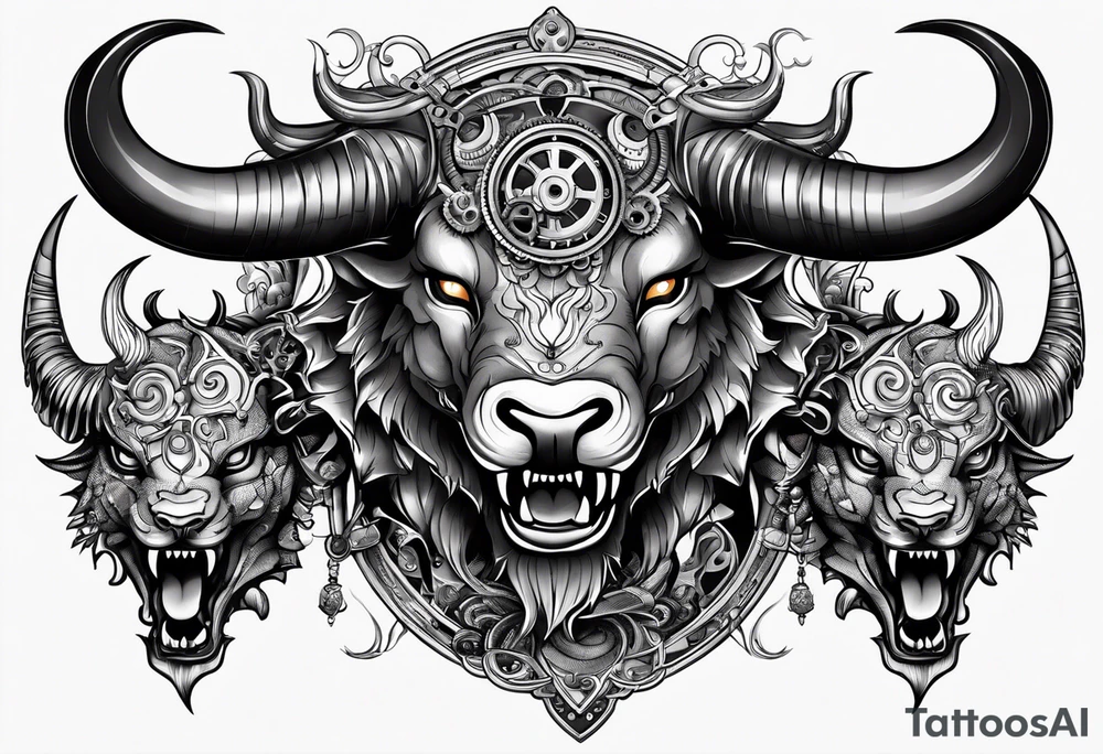 Steampunk chimera with horns tattoo idea