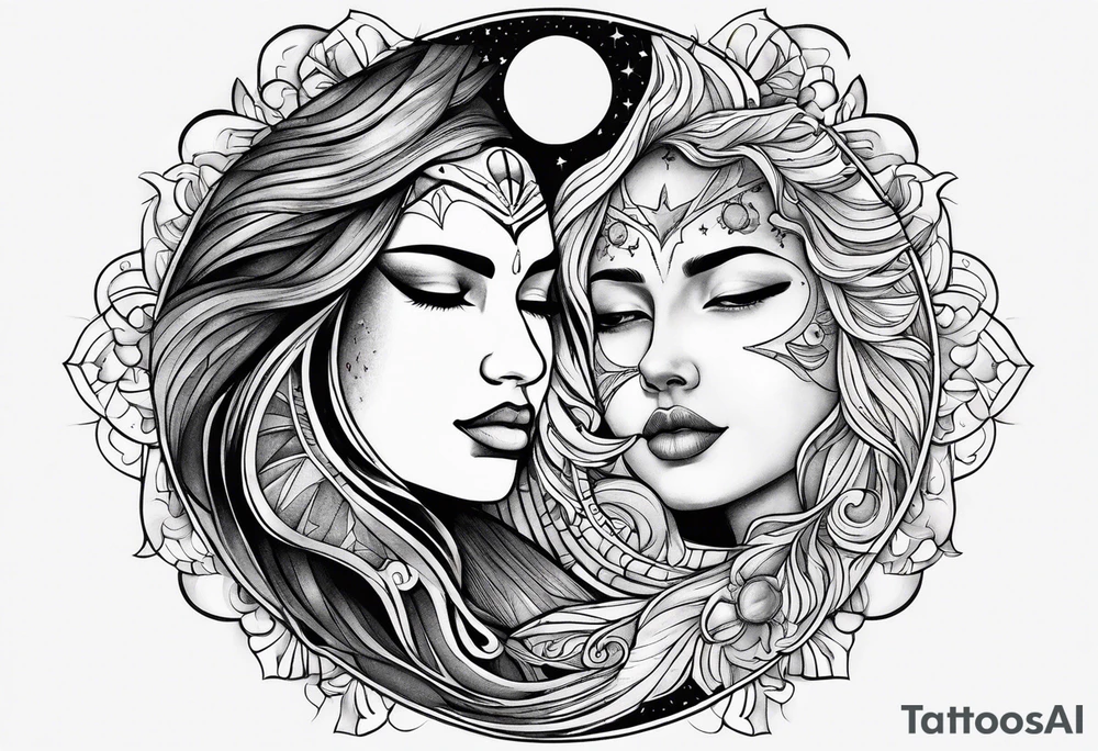 sun and the moon, the overlap
the sun has a woman's half 
face, and the moon, a man's face half tattoo idea