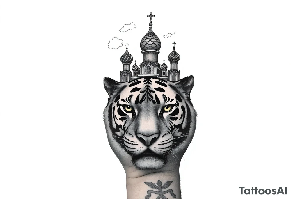 Realistic tiger face on the back of the hand with strong contrast and fine detail with hollow black eyes. with a highly detailed Russian Orthodox cathedral sitting above on fore arm with onion domes and orthodox crosses, done in fine line, engraving-like style. Cohesive composition, black ink only, no color, high contrast, slightly aged, documentary-style, plain light background. with clouds above and a virgin mary tattoo idea
