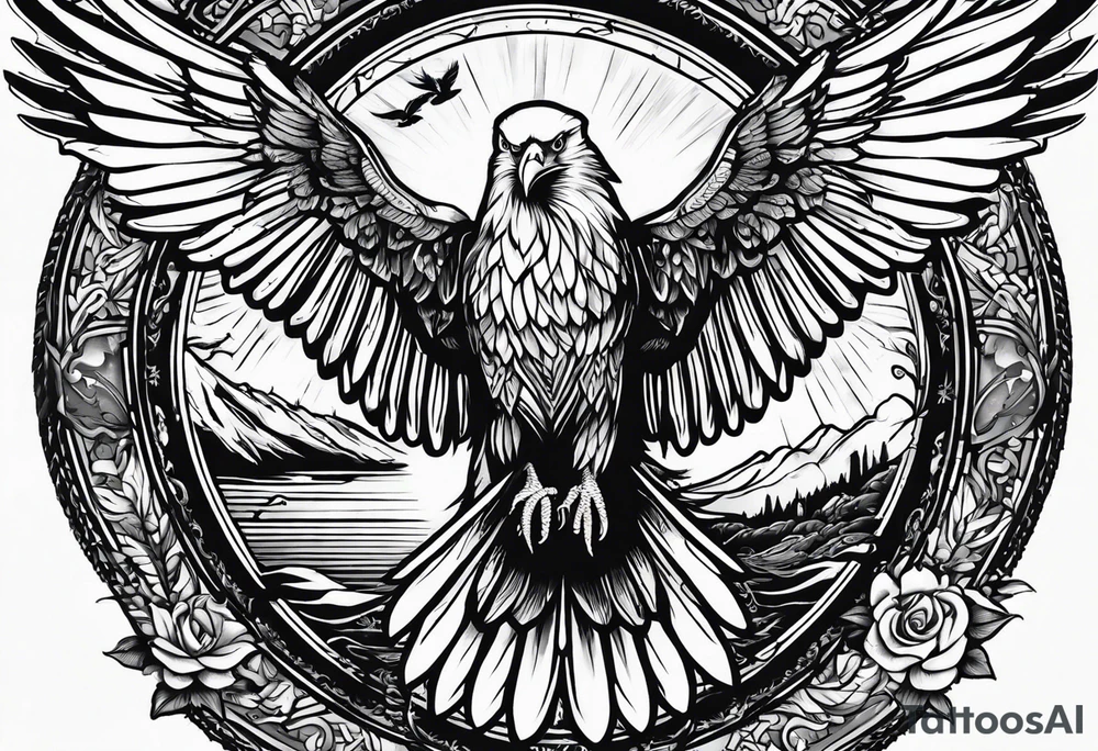 idea of pain for glory in life, discipline and catholic religion. Tattoo on the back with an eagle , 2 doves and fish tattoo idea