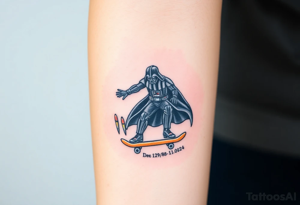 Darth Vader skateboarding > bullets > in loving memory > colors
add words "Darth Carter" to skateboard
add date 12/29/88-01/06/24 tattoo idea