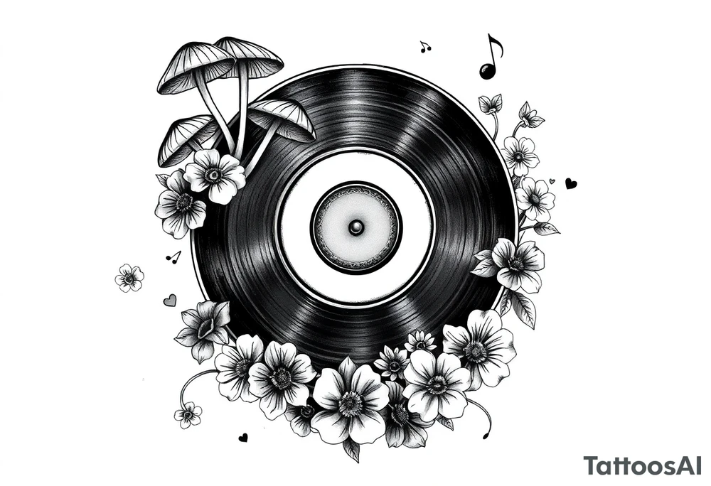 vinyl record with mushrooms, flowers, hearts, and music notes tattoo idea