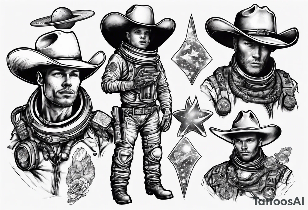 spaceman with a cowboy hat holding AK tattoo idea