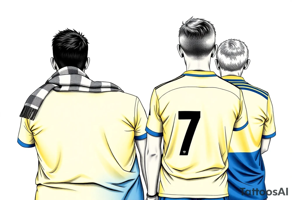 4 soccer fans from their backs, wearing yellow blue shirts. the second one from left having a kid on his shoulders, and he's rising a scarf.
the right one is older and shorter and wearing an shirt with the number 7 on it and has on his shoulders line like adidas tattoo idea