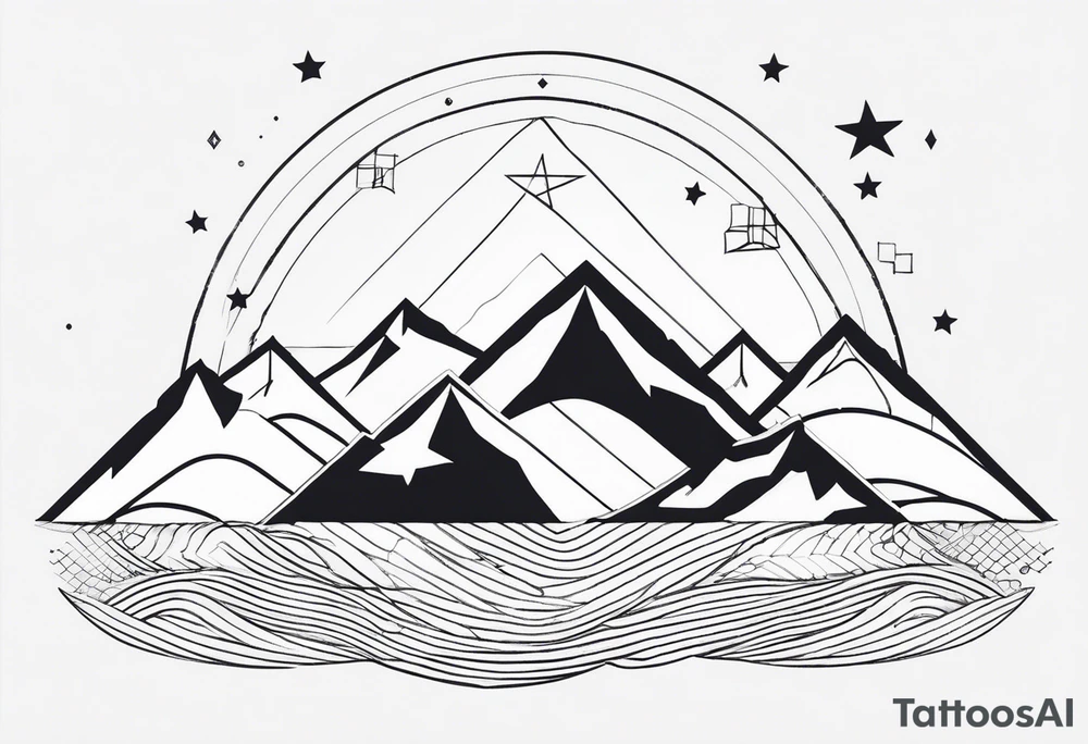 Mountain Massif, one Peak, only peak surrounded woth semi circle dashed Line, in semi circle two littel fine Stars, waves overlapping in Side, Open geometrical Forms Like Diamond with Open lines tattoo idea