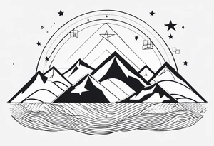 Mountain Massif, one Peak, only peak surrounded woth semi circle dashed Line, in semi circle two littel fine Stars, waves overlapping in Side, Open geometrical Forms Like Diamond with Open lines tattoo idea