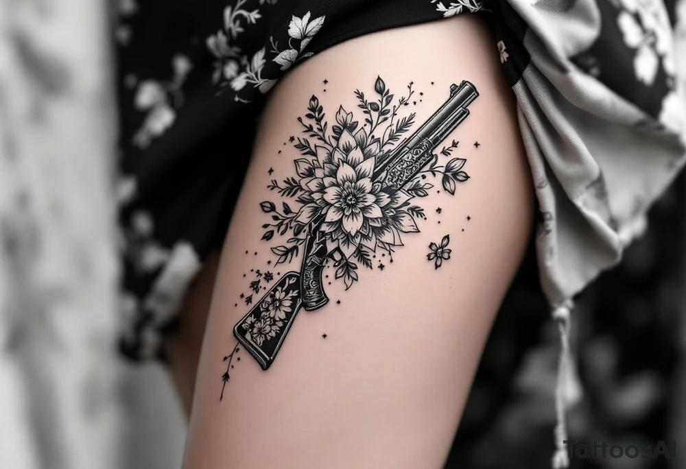 Gun mandala and flowers tattoo idea