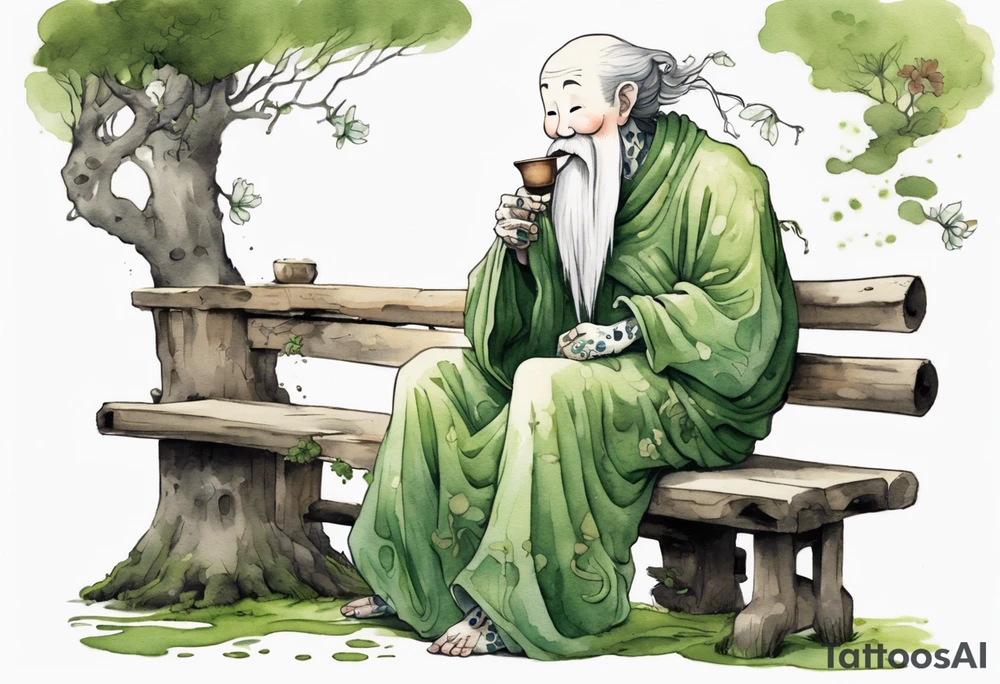 a kodama with a long moss beard wearing a medieval tunic drinking from a wood cup, sitting on a bench laughing tattoo idea