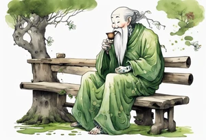 a kodama with a long moss beard wearing a medieval tunic drinking from a wood cup, sitting on a bench laughing tattoo idea