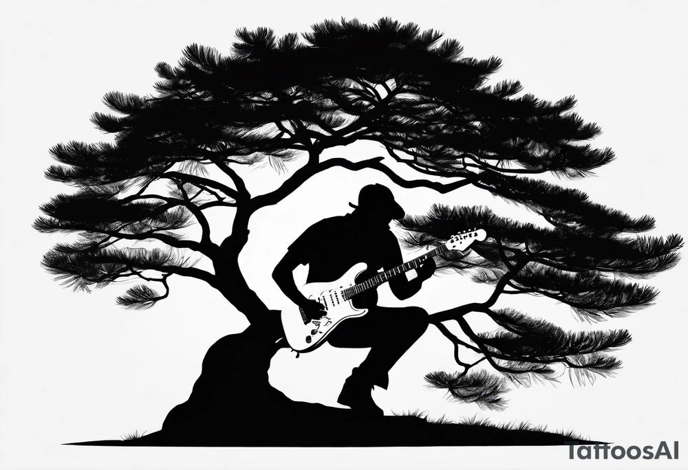 silhouette of a man playing electric guitar while sitting in a pine tree. tattoo idea