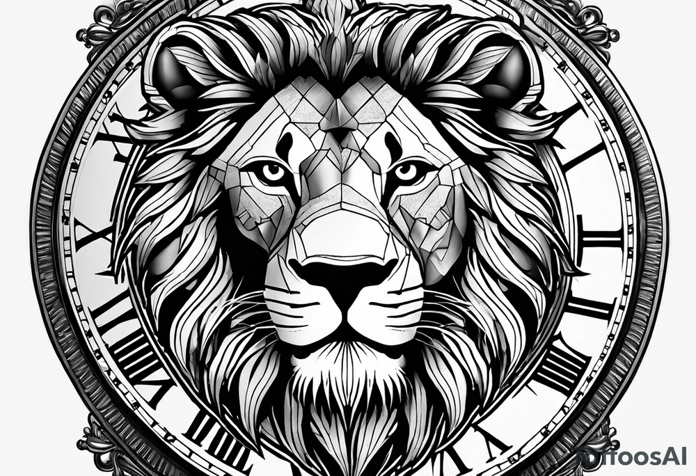un Lion représentant le courage la determination et le travail avec une horloge à 10h28 tattoo idea