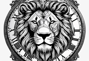 un Lion représentant le courage la determination et le travail avec une horloge à 10h28 tattoo idea