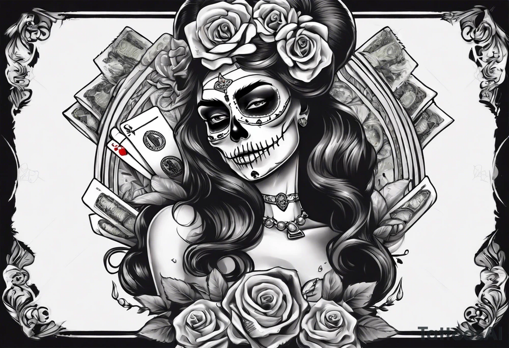 santa la muerta with money and crown
on the card tattoo idea
