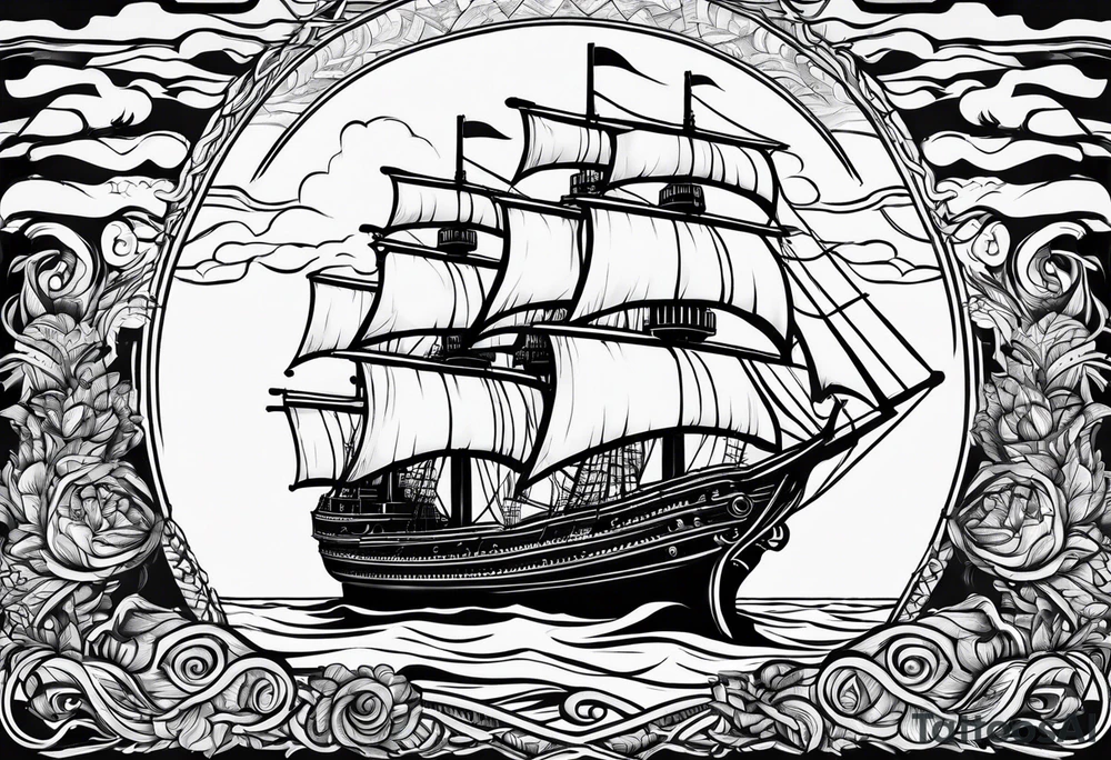 huge wooden ship with sun tattoo idea