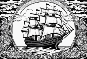 huge wooden ship with sun tattoo idea