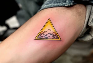 A yellow triangle representing air, drawn with wispy cloud-like textures inside. tattoo idea