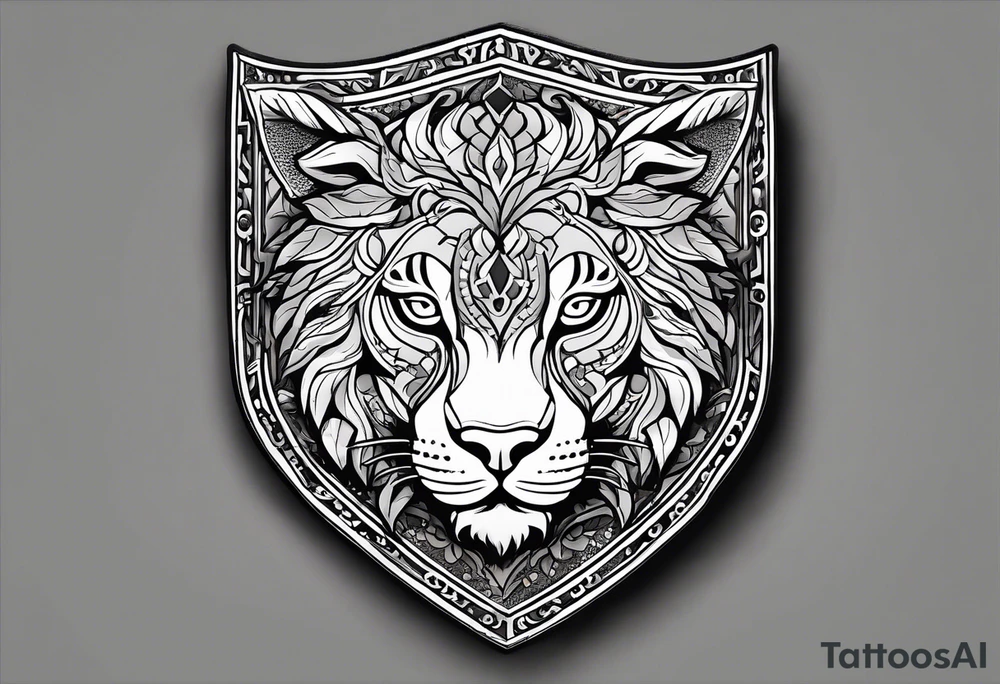 A shield with leopar head as shield's emblem. The shield would be hang on a ivy planted wall tattoo idea