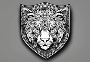 A shield with leopar head as shield's emblem. The shield would be hang on a ivy planted wall tattoo idea