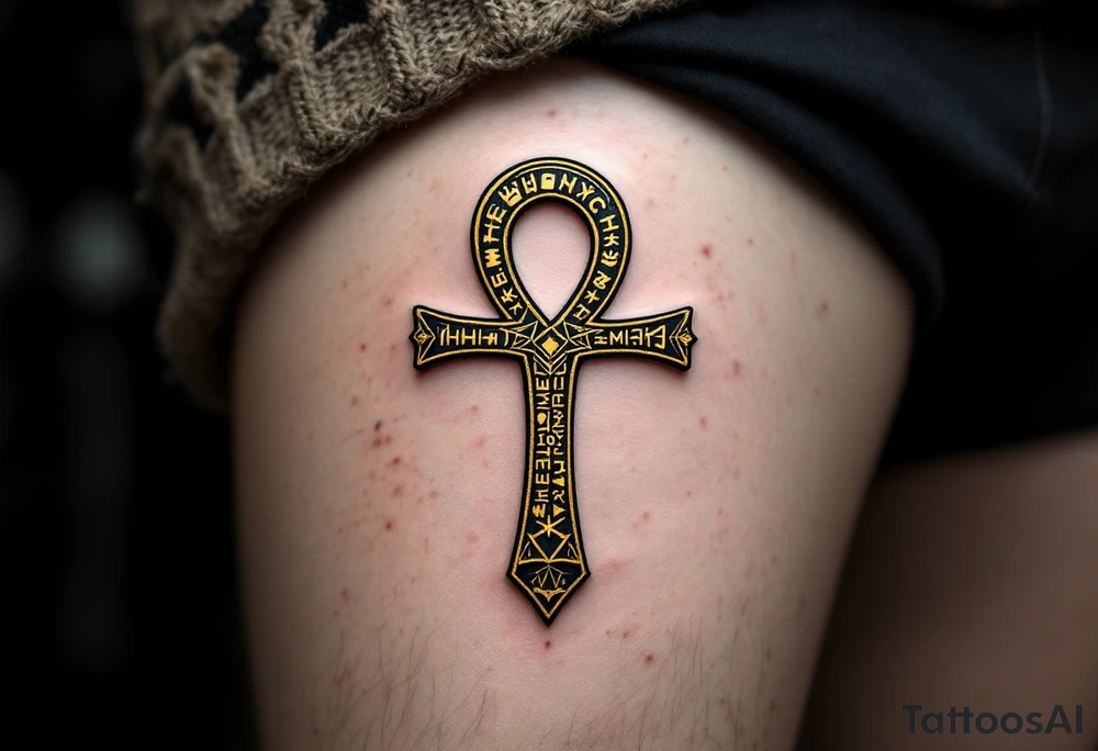 A golden Ankh with intricate hieroglyphs engraved tattoo idea