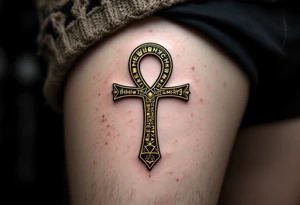 A golden Ankh with intricate hieroglyphs engraved tattoo idea