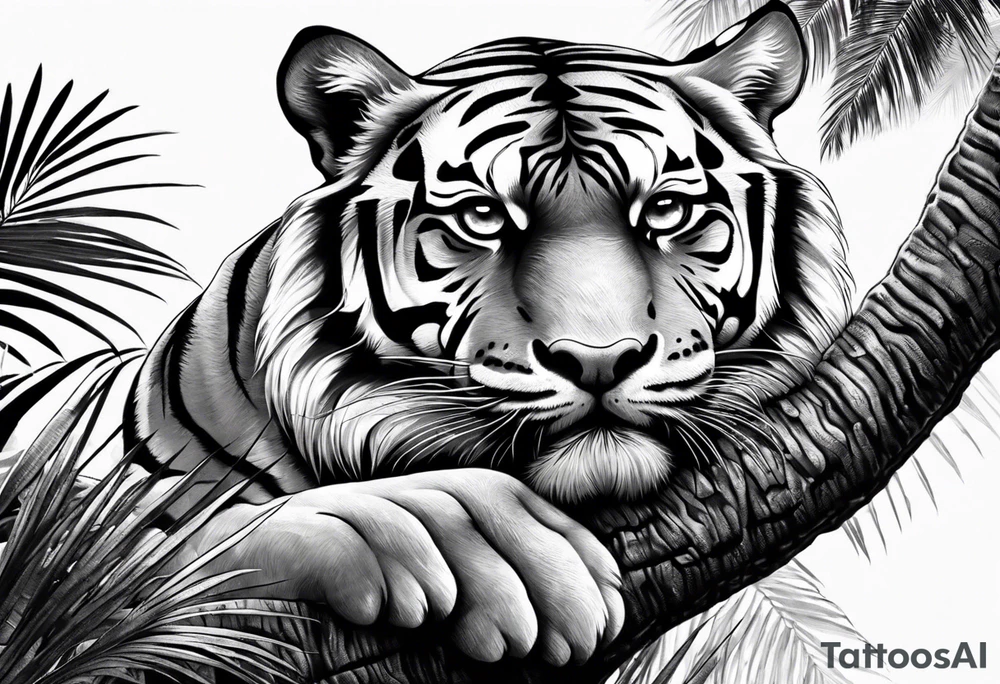 tiger laying on palm tree tattoo idea