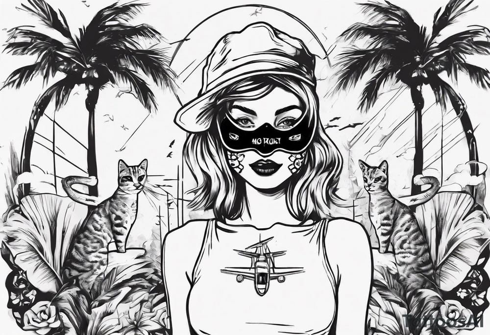 girl in a cat mask with palm trees and airplanes in the background tattoo idea