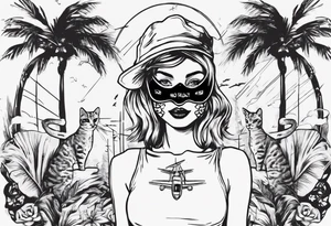 girl in a cat mask with palm trees and airplanes in the background tattoo idea
