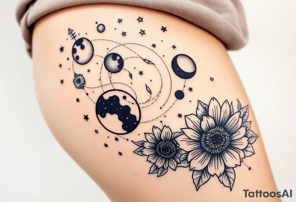 Milky way galaxy with planets with zodiac symbols and protection runes in it with tigerlillies roses and sunflowers tattoo idea