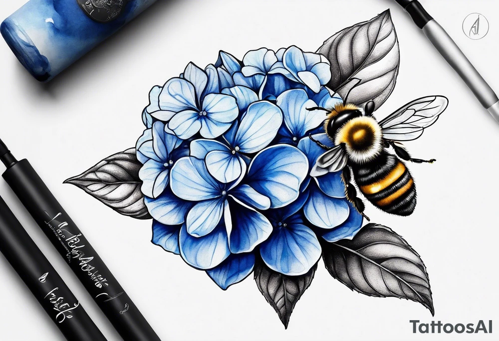 3 in by 2 in minimalist tattoo for forearm of a blue Hydrangea and a very small bee. tattoo idea
