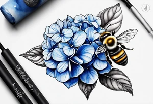 3 in by 2 in minimalist tattoo for forearm of a blue Hydrangea and a very small bee. tattoo idea