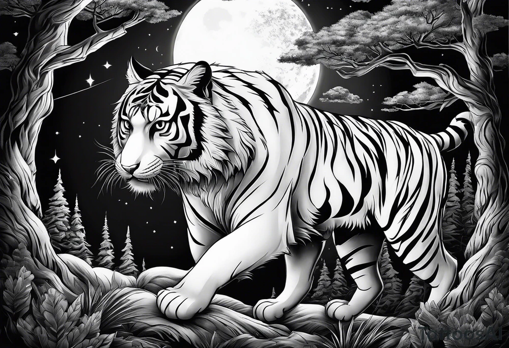 Tiger hunting a flying owl underneath a full moon in a forest tattoo idea