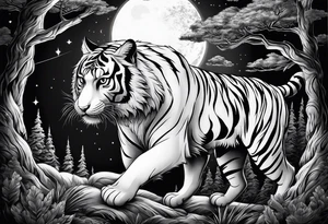 Tiger hunting a flying owl underneath a full moon in a forest tattoo idea