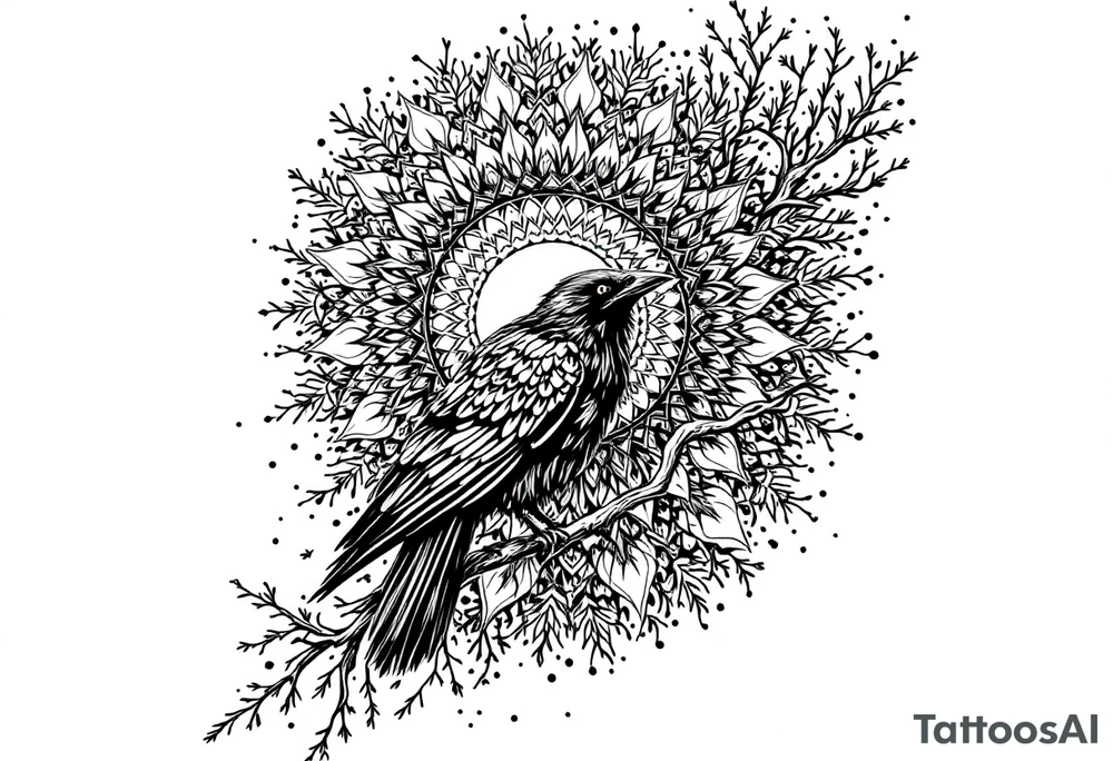 left arm tattoo of a raven on a branch surrounded by mandala tattoo idea