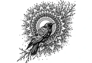 left arm tattoo of a raven on a branch surrounded by mandala tattoo idea