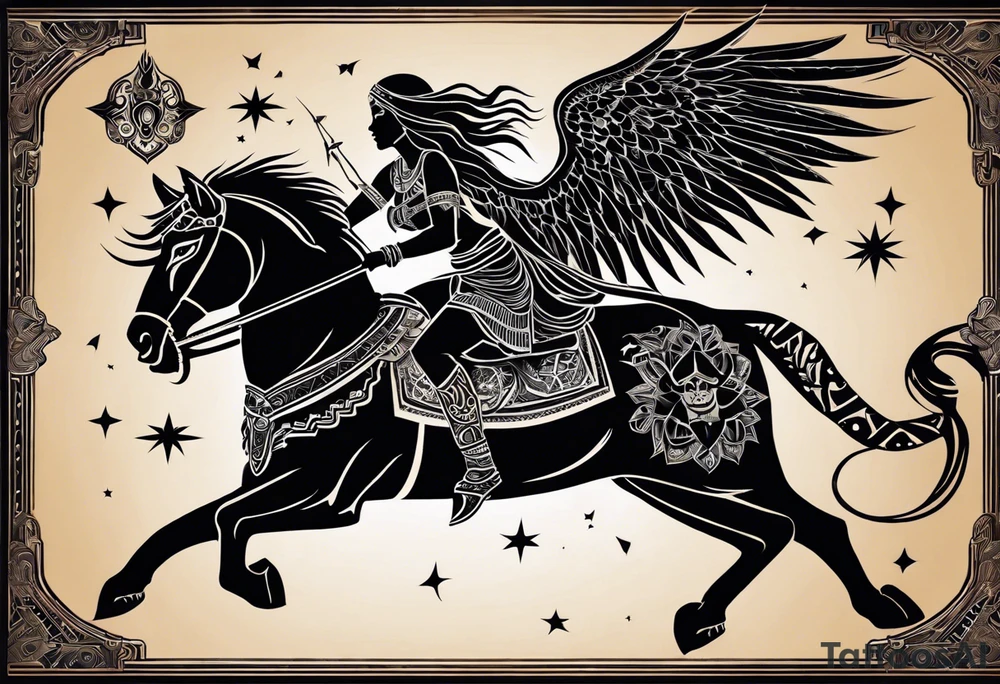 black kali, goddess pirate, alien, angel, pachamama, valkrye, warrior, flying, skull, lotus azul, wing, eagle, zenza resonance, stars, 5D, anahata chakra, death, durga, riding on a tiger, flying lady tattoo idea