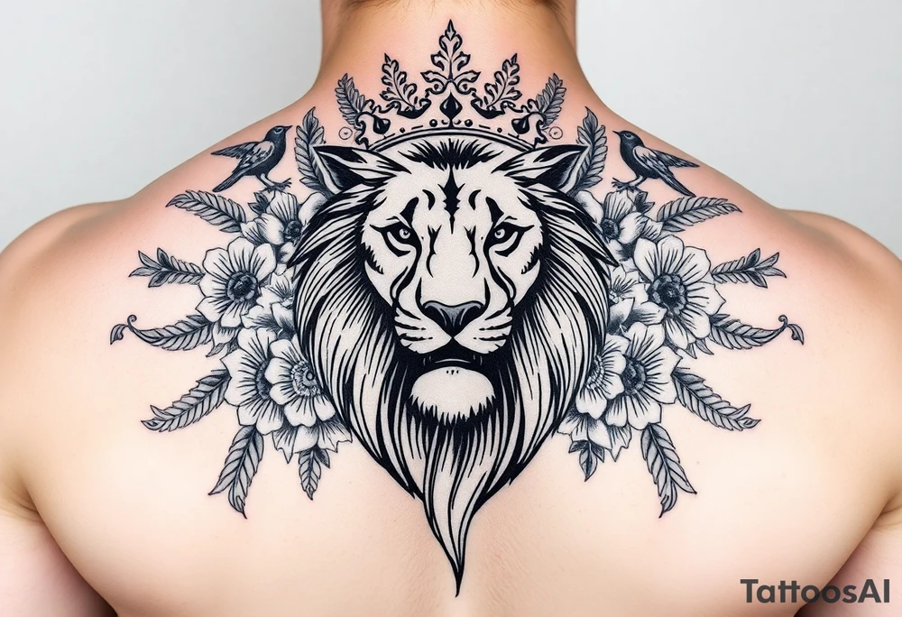 powerful majestic lion with a crown, surrounded by floral ornaments and birds tattoo idea