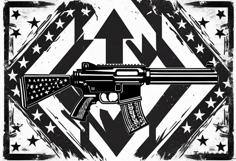 Distressed American flag behind cross with 2 guns leaned on it tattoo idea