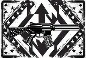 Distressed American flag behind cross with 2 guns leaned on it tattoo idea