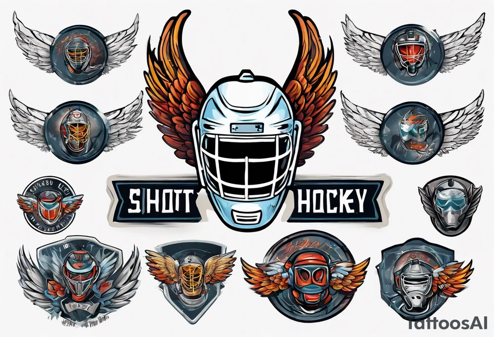 hockey puck with wings and a goalie mask that says "SHOT HOCKEY" tattoo idea