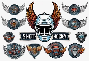 hockey puck with wings and a goalie mask that says "SHOT HOCKEY" tattoo idea