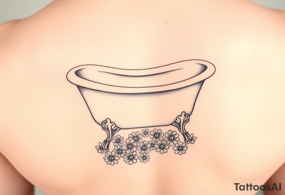 clawfoot bathtub with visible bathroom floor and flowers on the floor tattoo idea