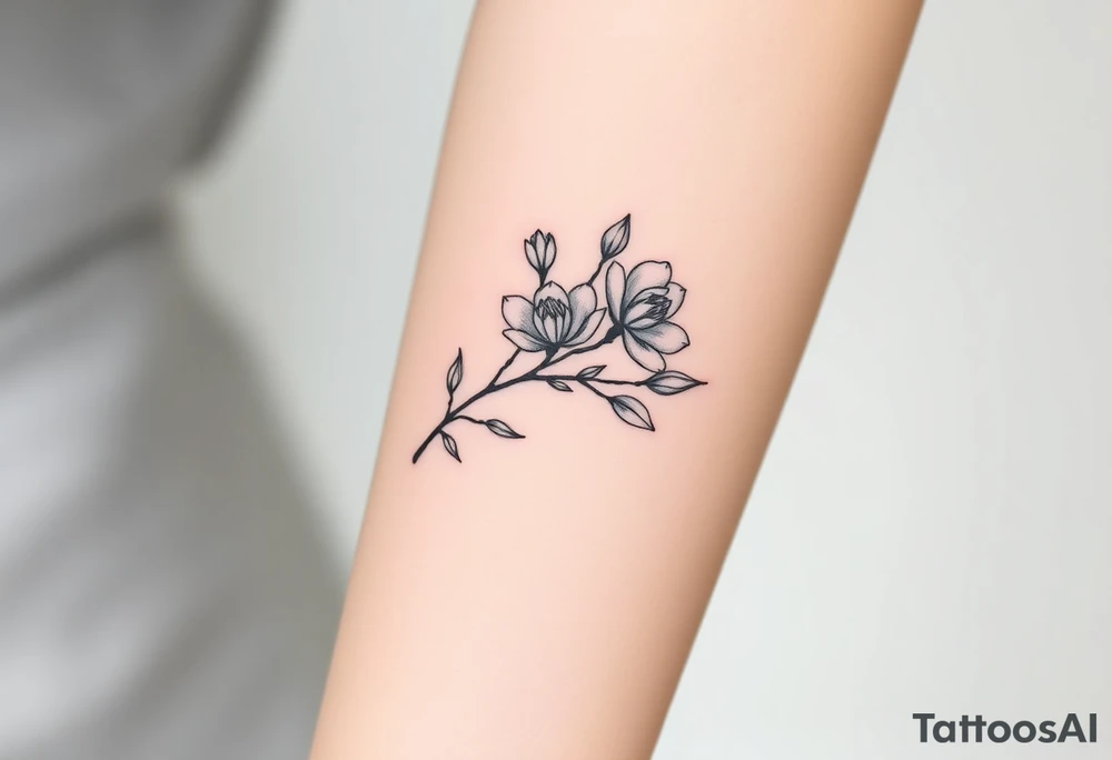 Long branch with magnolia flowers, in different blossom stages with botanical details, lines and dots tattoo idea