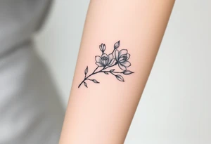 Long branch with magnolia flowers, in different blossom stages with botanical details, lines and dots tattoo idea