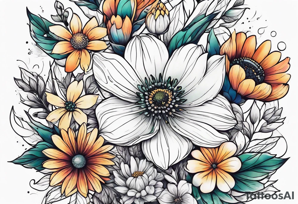 Upper arm half sleeve full color wild flowers tattoo idea
