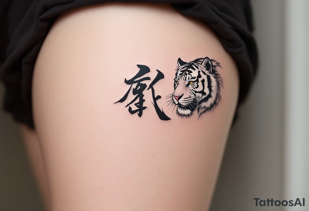 The character 爱 (ài, “love”) in deep red ink in dark gray pairs with a tiger to emphasize inner and outer power. tattoo idea