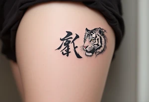 The character 爱 (ài, “love”) in deep red ink in dark gray pairs with a tiger to emphasize inner and outer power. tattoo idea