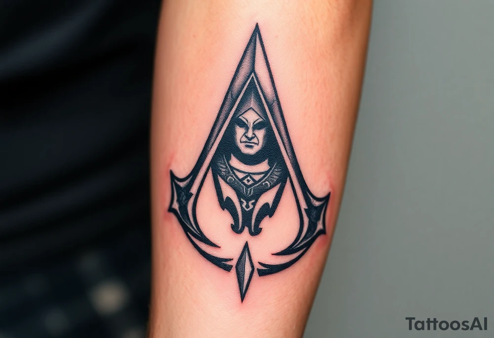 Assassins Creed emblem with Ezio hooded character tattoo idea