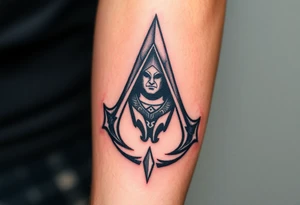 Assassins Creed emblem with Ezio hooded character tattoo idea