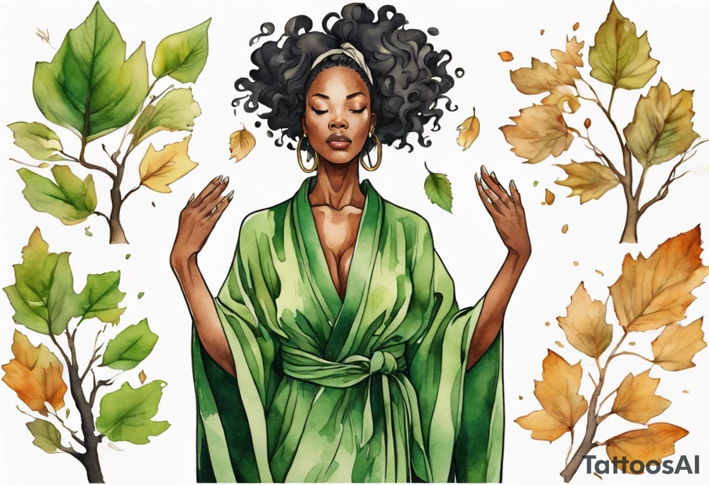 a tree that sprouts into a beautiful black woman wearing a green robe, arms reaching up, her roots spreading wide into a field of fallen leaves tattoo idea