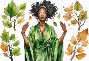 a tree that sprouts into a beautiful black woman wearing a green robe, arms reaching up, her roots spreading wide into a field of fallen leaves tattoo idea